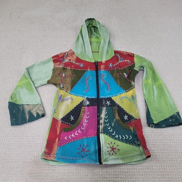 Rising International Jacket Womens Medium Green Boho Patchwork‎ Zip Up Hooded - Picture 1 of 10